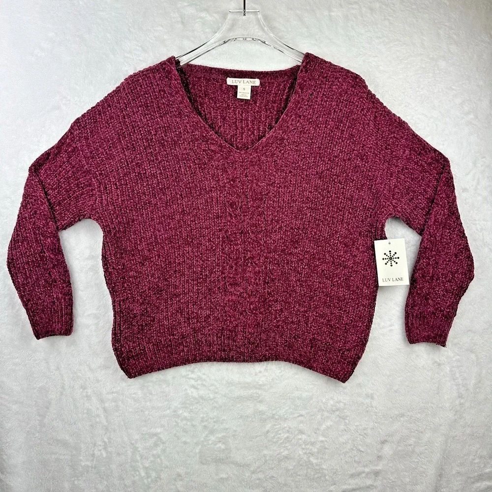 Luv Lane NWT Womens Long Sleeve Pullover Sweater Chenille Size S Dark Pink